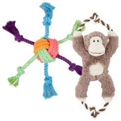 Frisco Sales Store 41 Frisco Fetch Colorful Ball Knot Rope Dog Toy & Frisco Monkey Plush With Rope Squeaky Dog Toy