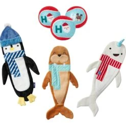 Frisco Holiday Ho Ho Ho Fetch Squeaky Tennis Ball Dog Toy & Frisco Holiday Arctic Friends Stuffing-Free Skinny Plush Squeaky Dog Toy